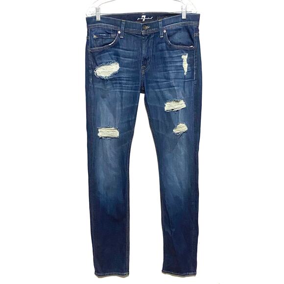 7 Seven For All Mankind Paxtyn Jeans Slim Straight Blue Distressed Ripped Men 31 - Picture 1 of 11